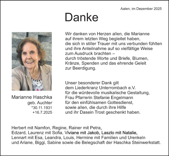 Traueranzeige von Marianne Haschka von Schwäbische Post