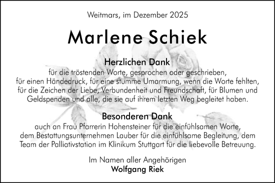 Traueranzeige von Marlene Schiek von Gmünder Tagespost