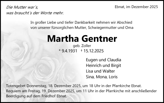Traueranzeige von Martha Gentner von Schwäbische Post
