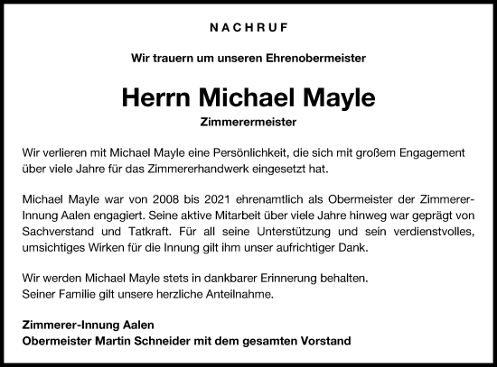 Traueranzeige von Michael Mayle von Schwäbische Post
