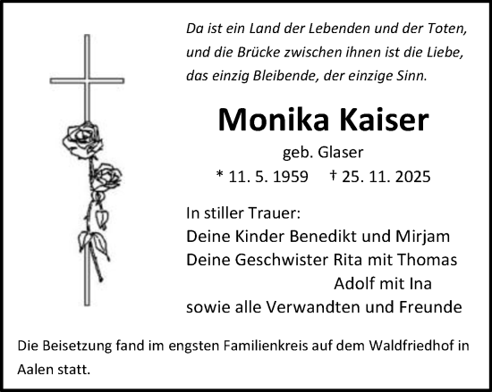 Traueranzeige von Monika Kaiser von Schwäbische Post