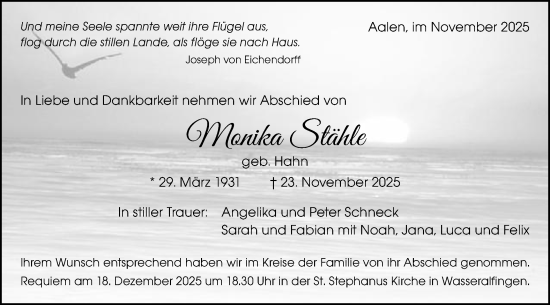 Traueranzeige von Monika Stähle von Schwäbische Post