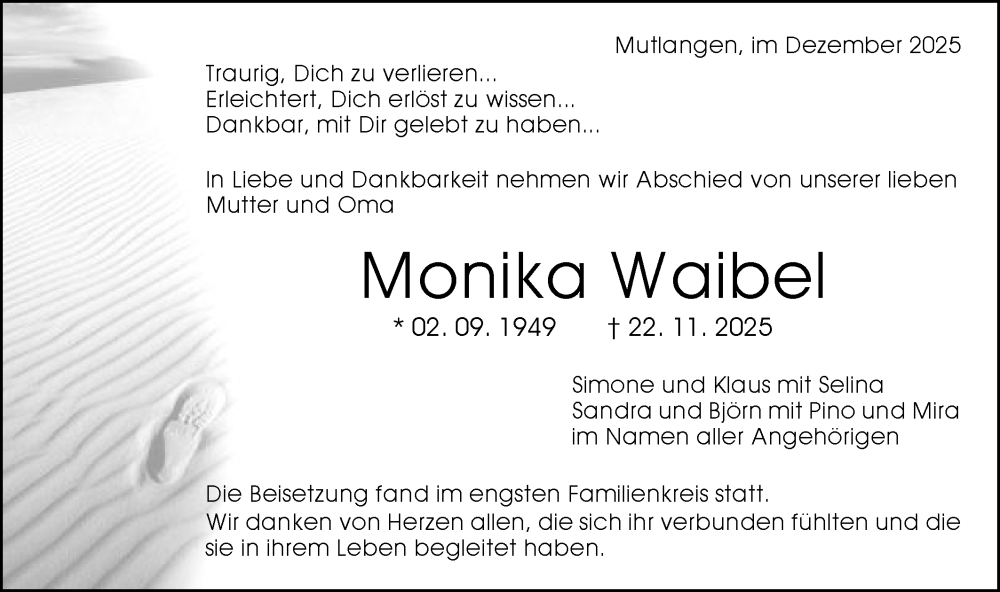  Traueranzeige für Monika Waibel vom 04.12.2025 aus Gmünder Tagespost