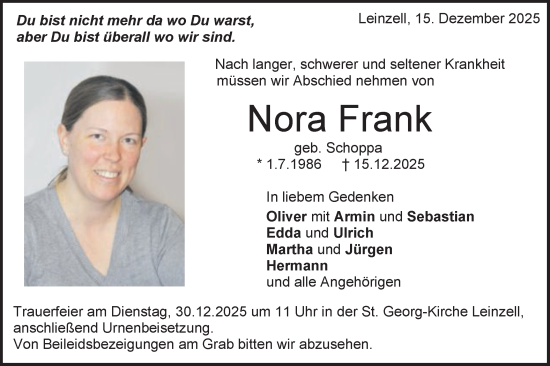 Traueranzeige von Nora Frank von Gmünder Tagespost