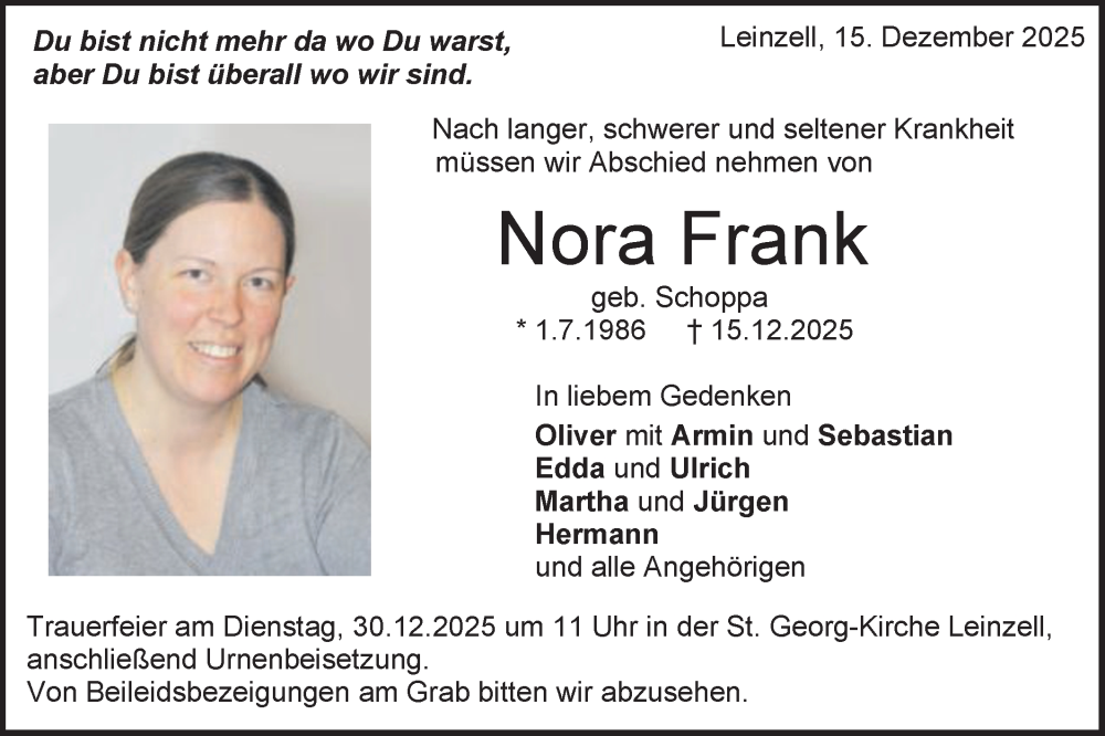  Traueranzeige für Nora Frank vom 27.12.2025 aus Gmünder Tagespost