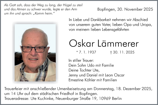 Traueranzeige von Oskar Lämmerer von Schwäbische Post