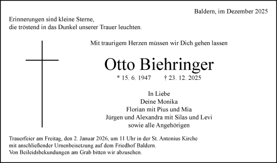 Traueranzeige von Otto Biehringer von Schwäbische Post