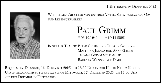 Traueranzeige von Paul Grimm von Schwäbische Post