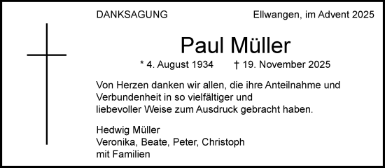 Traueranzeige von Paul Müller von Schwäbische Post