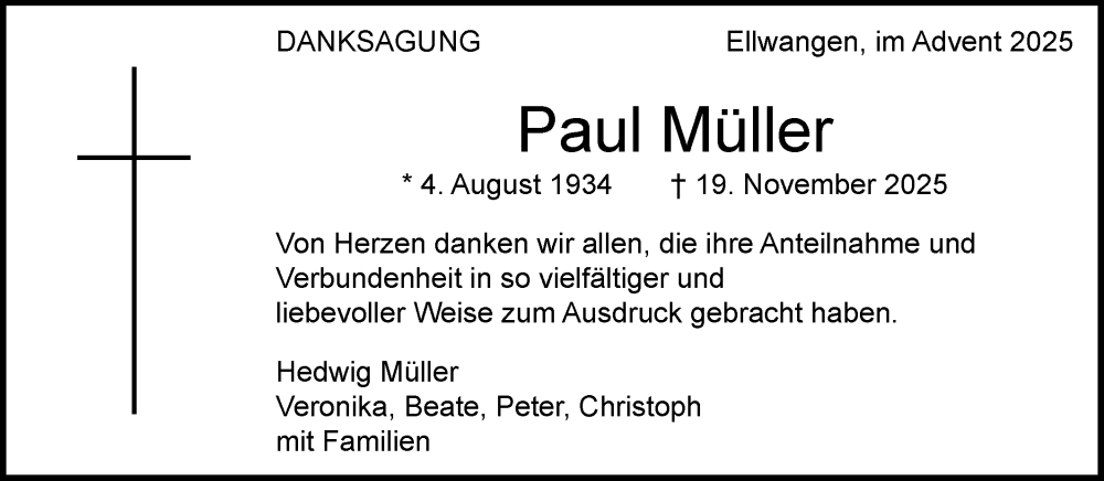  Traueranzeige für Paul Müller vom 12.12.2025 aus Schwäbische Post