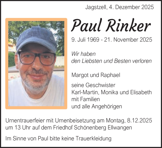 Traueranzeige von Paul Rinker von Schwäbische Post