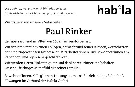 Traueranzeige von Paul Rinker von Schwäbische Post