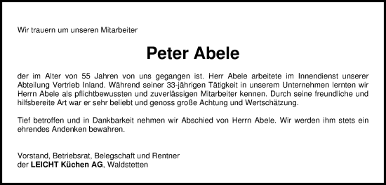 Traueranzeige von Peter Abele von Gmünder Tagespost