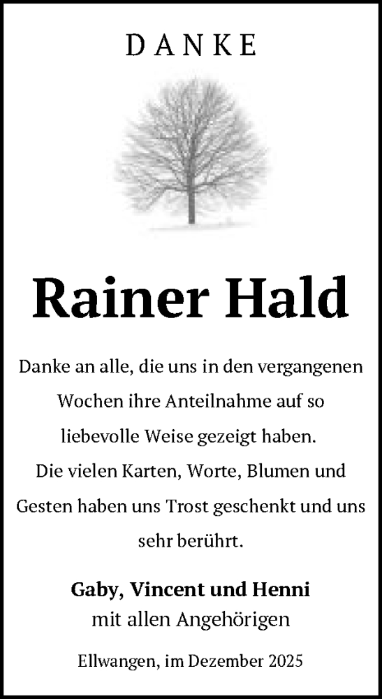 Traueranzeige von Rainer Hald von Schwäbische Post