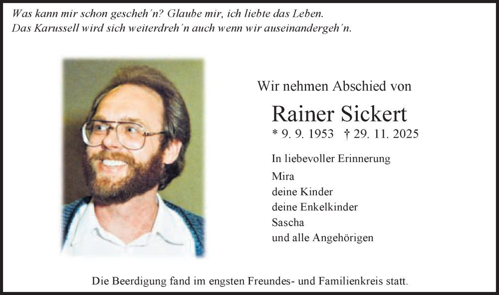  Traueranzeige für Rainer Sickert vom 06.12.2025 aus Gmünder Tagespost