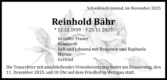 Traueranzeige von Reinhold Bähr von Gmünder Tagespost