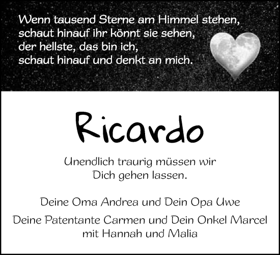 Traueranzeige von Ricardo Kauffmann von Schwäbische Post