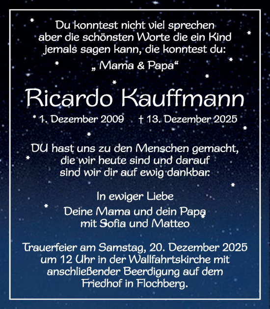 Traueranzeige von Ricardo Kauffmann von Schwäbische Post
