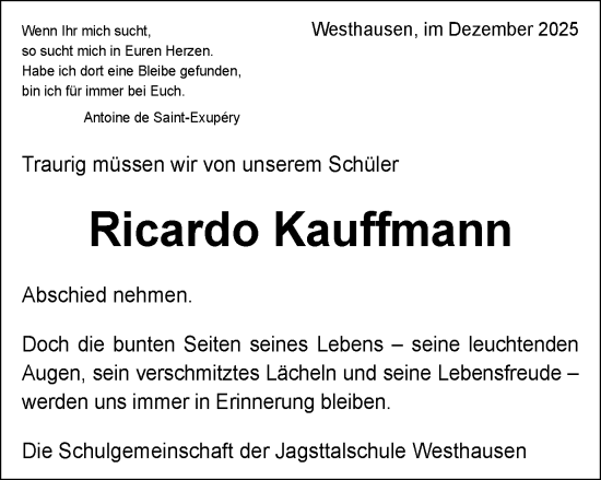 Traueranzeige von Ricardo Kauffmann von Schwäbische Post