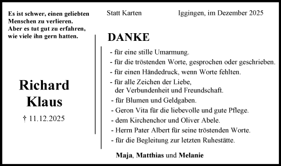 Traueranzeige von Richard Klaus von Gmünder Tagespost