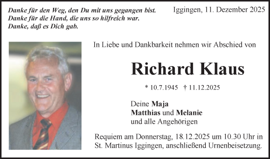 Traueranzeige von Richard Klaus von Gmünder Tagespost