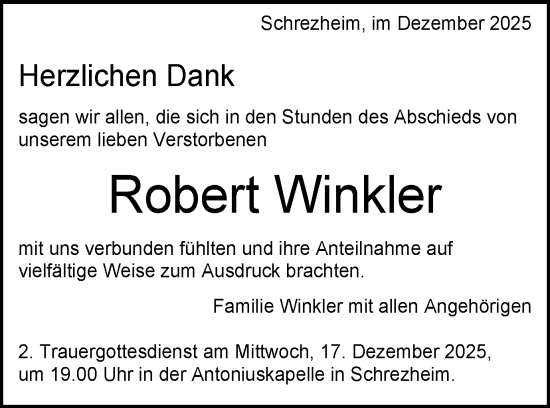 Traueranzeige von Robert Winkler von Schwäbische Post