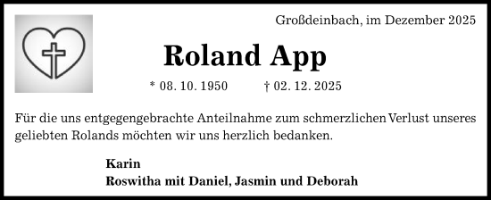 Traueranzeige von Roland App von Gmünder Tagespost