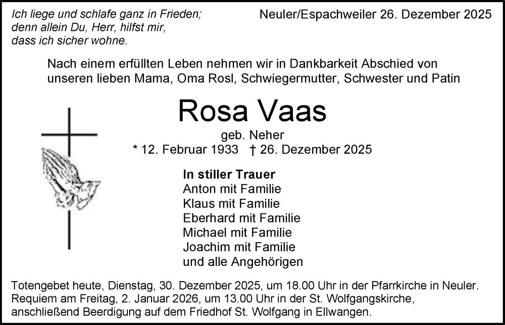  Traueranzeige für Rosa Vaas vom 30.12.2025 aus Schwäbische Post