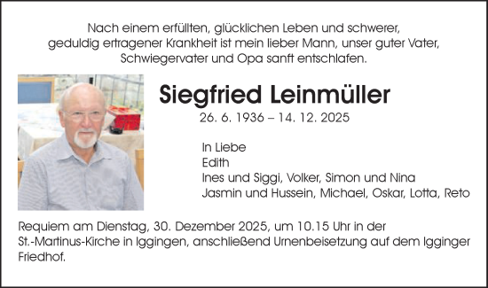 Traueranzeige von Siegfried Leinmüller von Gmünder Tagespost