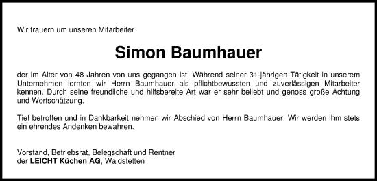 Traueranzeige von Simon Baumhauer von Gmünder Tagespost