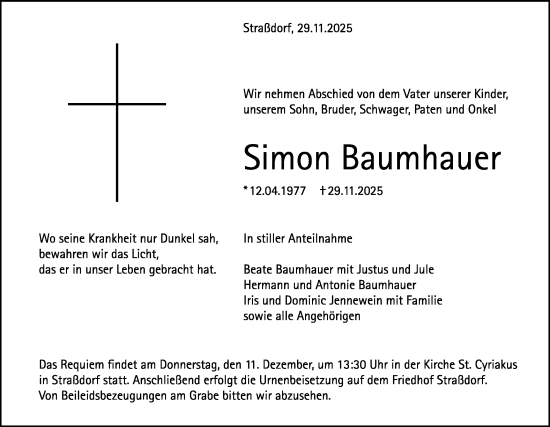 Traueranzeige von Simon Baumhauer von Gmünder Tagespost