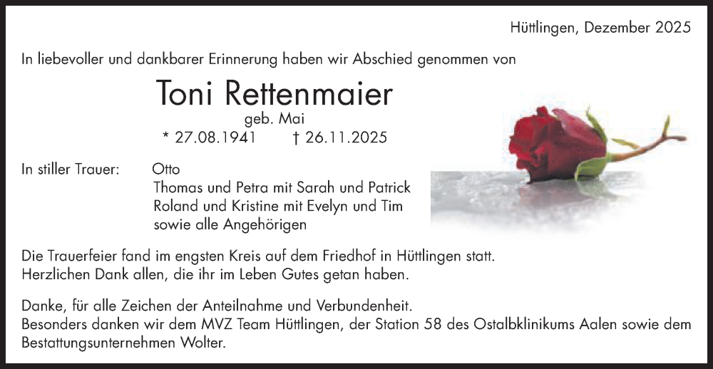  Traueranzeige für Toni Rettenmaier vom 09.12.2025 aus Schwäbische Post