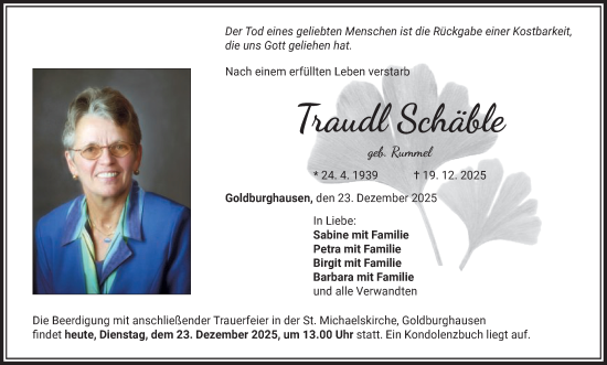 Traueranzeige von Traudl Schäble von Schwäbische Post