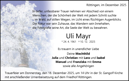 Traueranzeige von Uli Mayr von Schwäbische Post