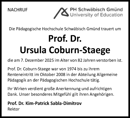 Traueranzeige von Ursula Coburn-Staege von Gmünder Tagespost