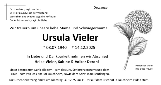 Traueranzeige von Ursula Vieler von Schwäbische Post
