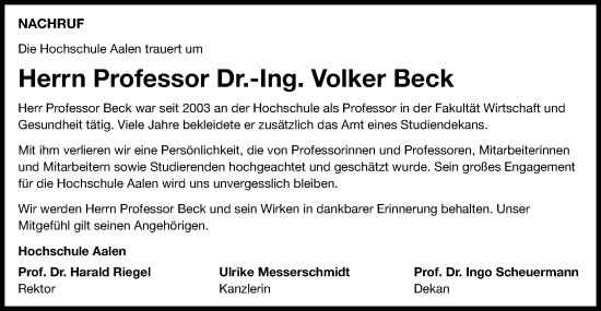 Traueranzeige von Volker Beck von Schwäbische Post