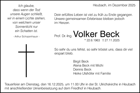 Traueranzeige von Volker Beck von Schwäbische Post