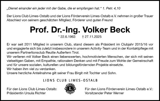 Traueranzeige von Volker Beck von Schwäbische Post