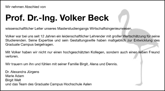 Traueranzeige von Volker Beck von Schwäbische Post