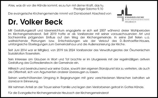 Traueranzeige von Volker Beck von Gmünder Tagespost
