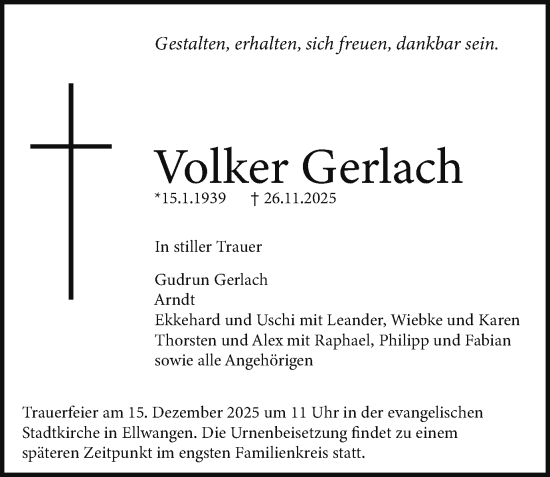 Traueranzeige von Volker Gerlach von Schwäbische Post