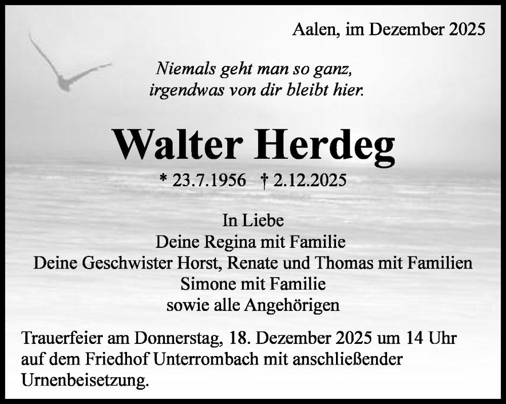 Traueranzeige für Walter Herdeg vom 16.12.2025 aus Schwäbische Post