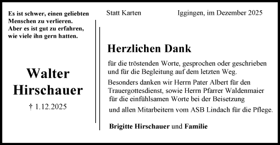 Traueranzeige von Walter Hirschauer von Gmünder Tagespost