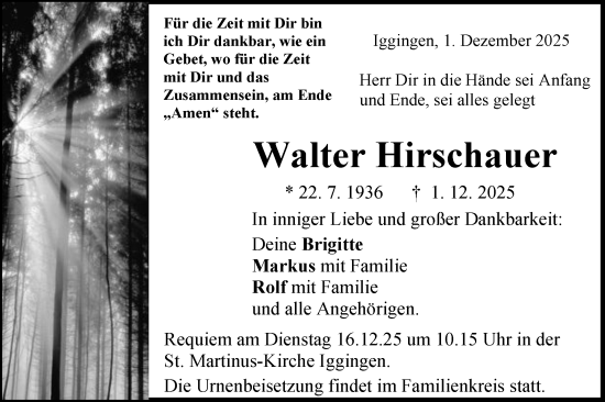 Traueranzeige von Walter Hirschauer von Gmünder Tagespost