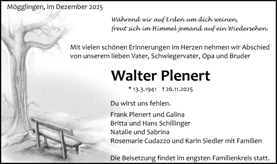 Traueranzeige von Walter Plenert von Gmünder Tagespost