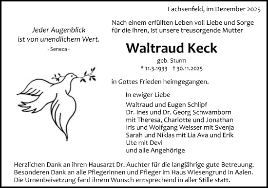 Traueranzeige von Waltraud Keck von Schwäbische Post