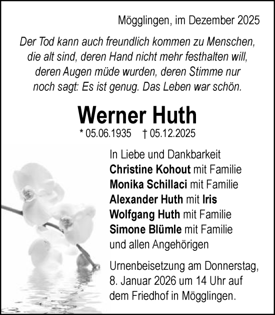 Traueranzeige von Werner Huth von Gmünder Tagespost