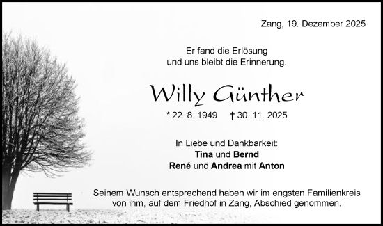 Traueranzeige von Willy Günther von Schwäbische Post