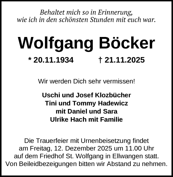 Traueranzeige von Wolfgang Böcker von Schwäbische Post